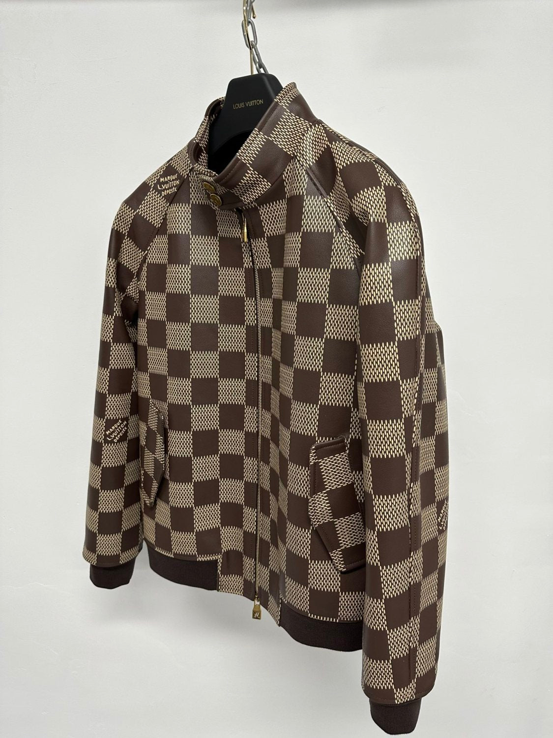 Louis Vuitton Men's Fall And Winter Brown Checkerboard Pattern Collar Zipper Cowhide Long Sleeved Jacket #72772