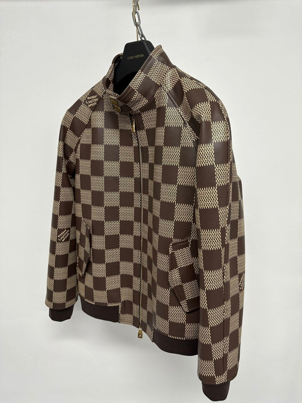 Louis Vuitton Men's Fall And Winter Brown Checkerboard Pattern Collar Zipper Cowhide Long Sleeved Jacket #72611