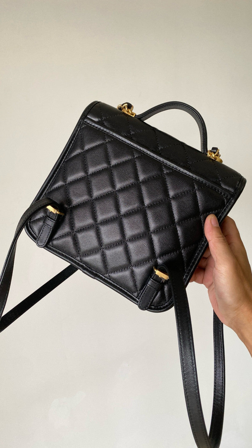 Chanel Women's Fashion Classic Solid-Color Flap Leather Backpack with Sand Gold Buckle and Metal Hardware Bag Bags AS5715-B21400-94305 #78759