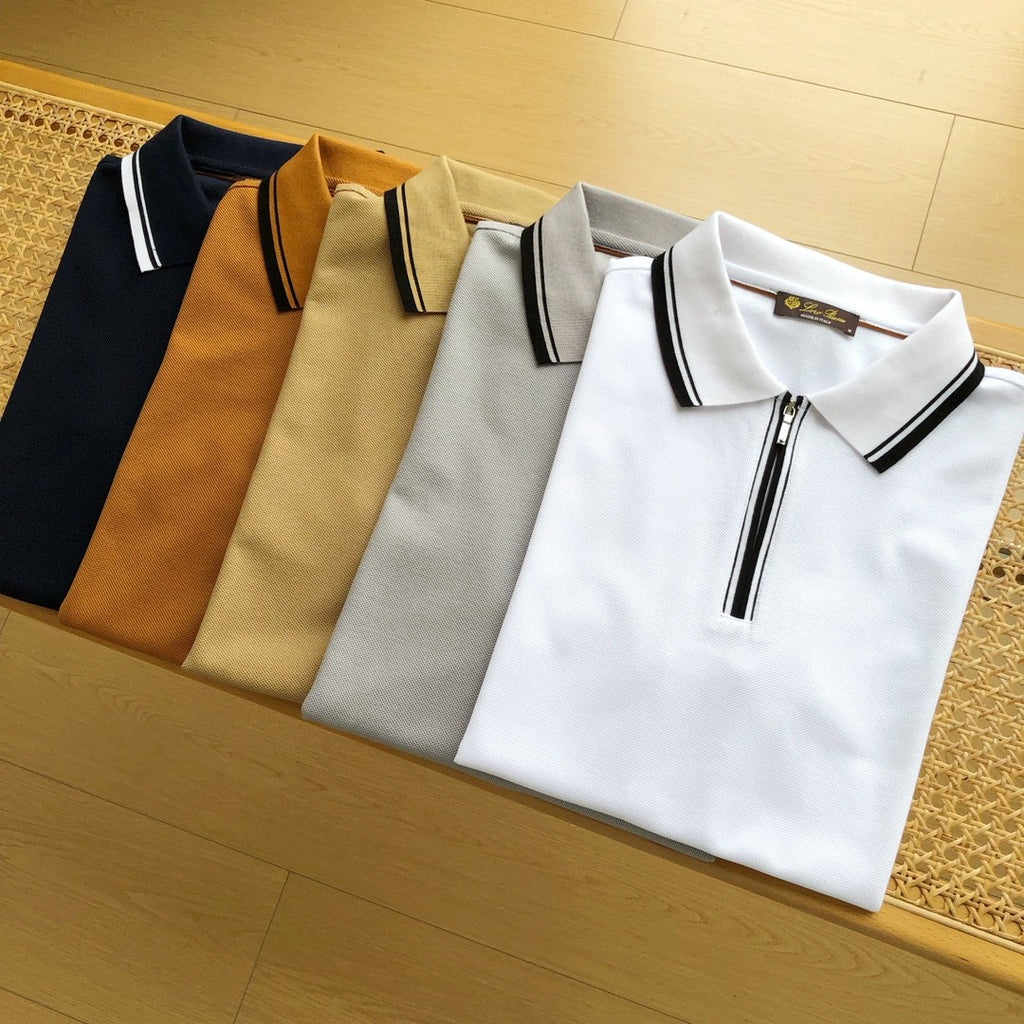 Loro Piana Men's Summer Fashion Solid Color Zip Lapel Zip Regatta Men's Short Sleeve Fitted Polo Shirt Ngvp #8591