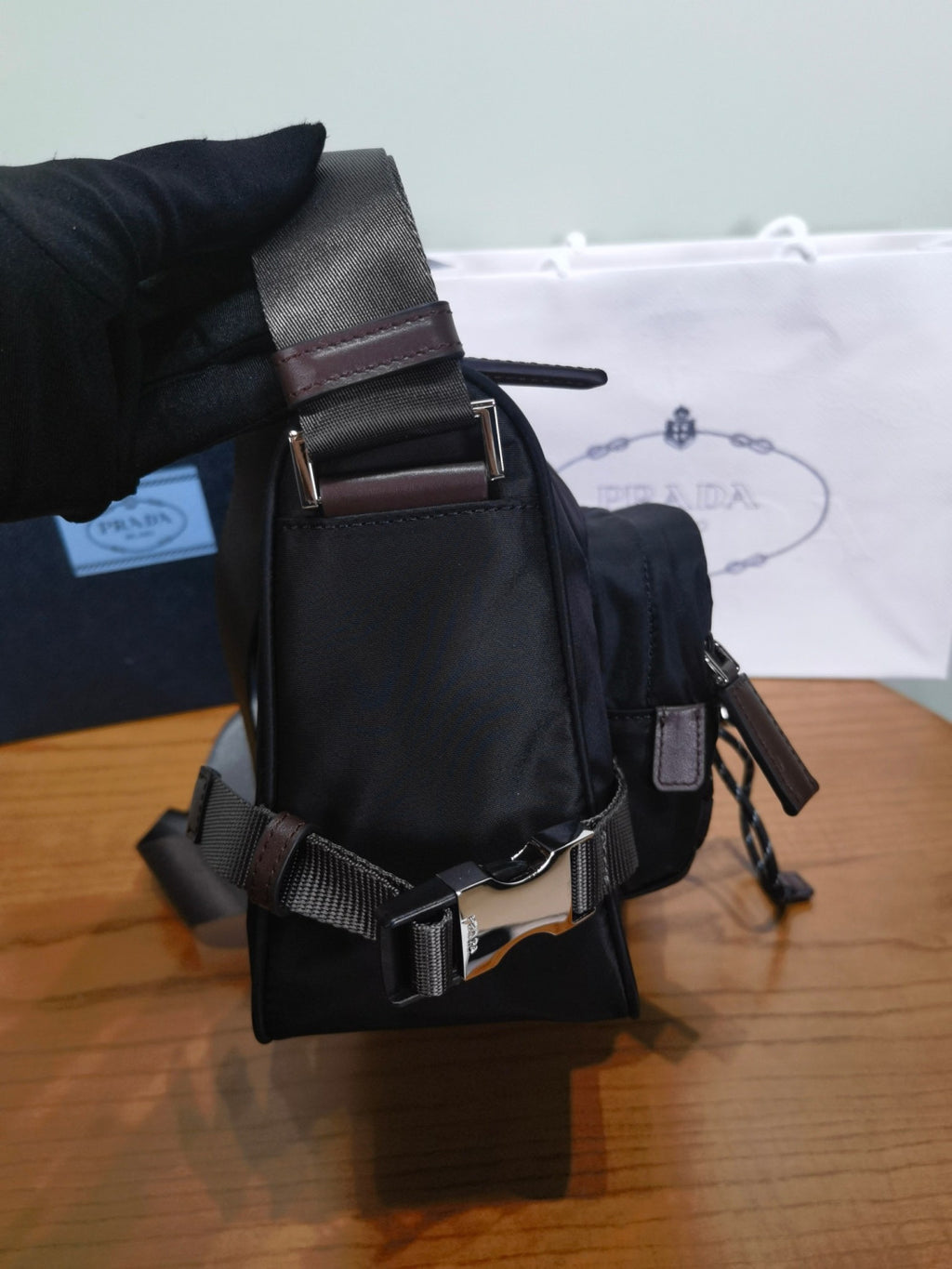 PRADA Black Prada Speedrock Re-nylon Leather Shoulder Bag #334216