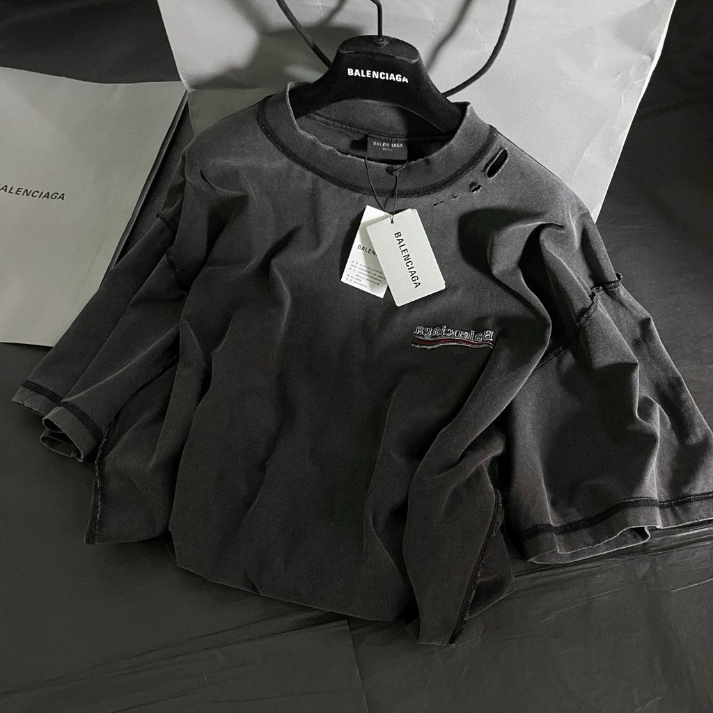 Balenciaga POLITICAL CAMPAIGN INSIDE-OUT Men's Summer Washed Colour Embroidered Letter Short Sleeve Fashionable Short Sleeve T-shirt #78142
