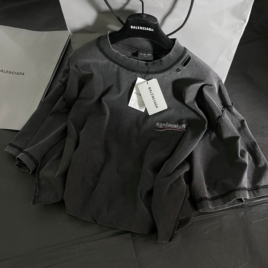 Balenciaga POLITICAL CAMPAIGN INSIDE-OUT Men's Summer Washed Colour Embroidered Letter Short Sleeve Fashionable Short Sleeve T-shirt #78142