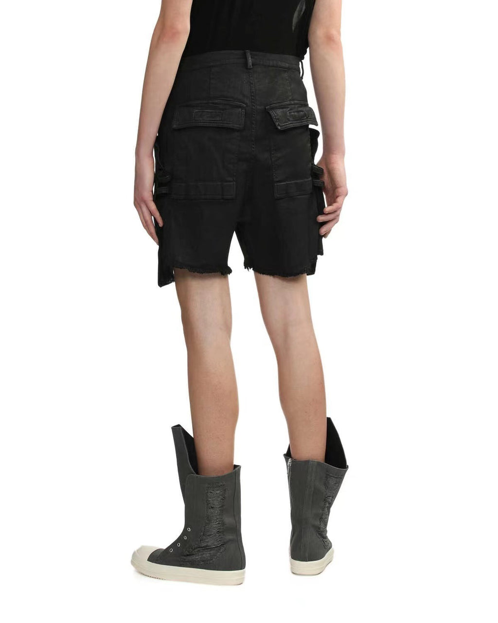 Rick Owens Men's Summer Mid Waist Zipper Loose Straight Waxed Casual Black Multi-Pocket Shorts Ngvp #8661