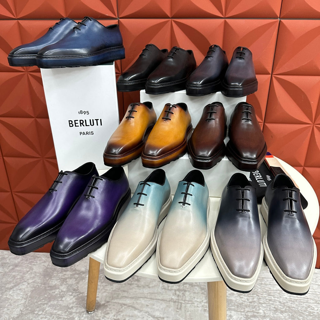 Berluti Alessandro Altof Men's Fall/Winter Fashion Classic Round Toe Slip On Lace Up Handcrafted Vintage Leather Oxford Shoes #79112
