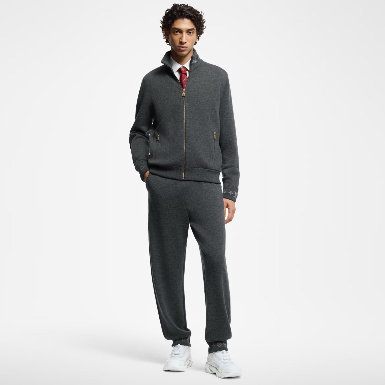 Louis Vuitton Men's Spring Solid Color Printed Zipper Stand Collar Long Sleeve Jacket Drawstring Casual Pants Set Suit #75237