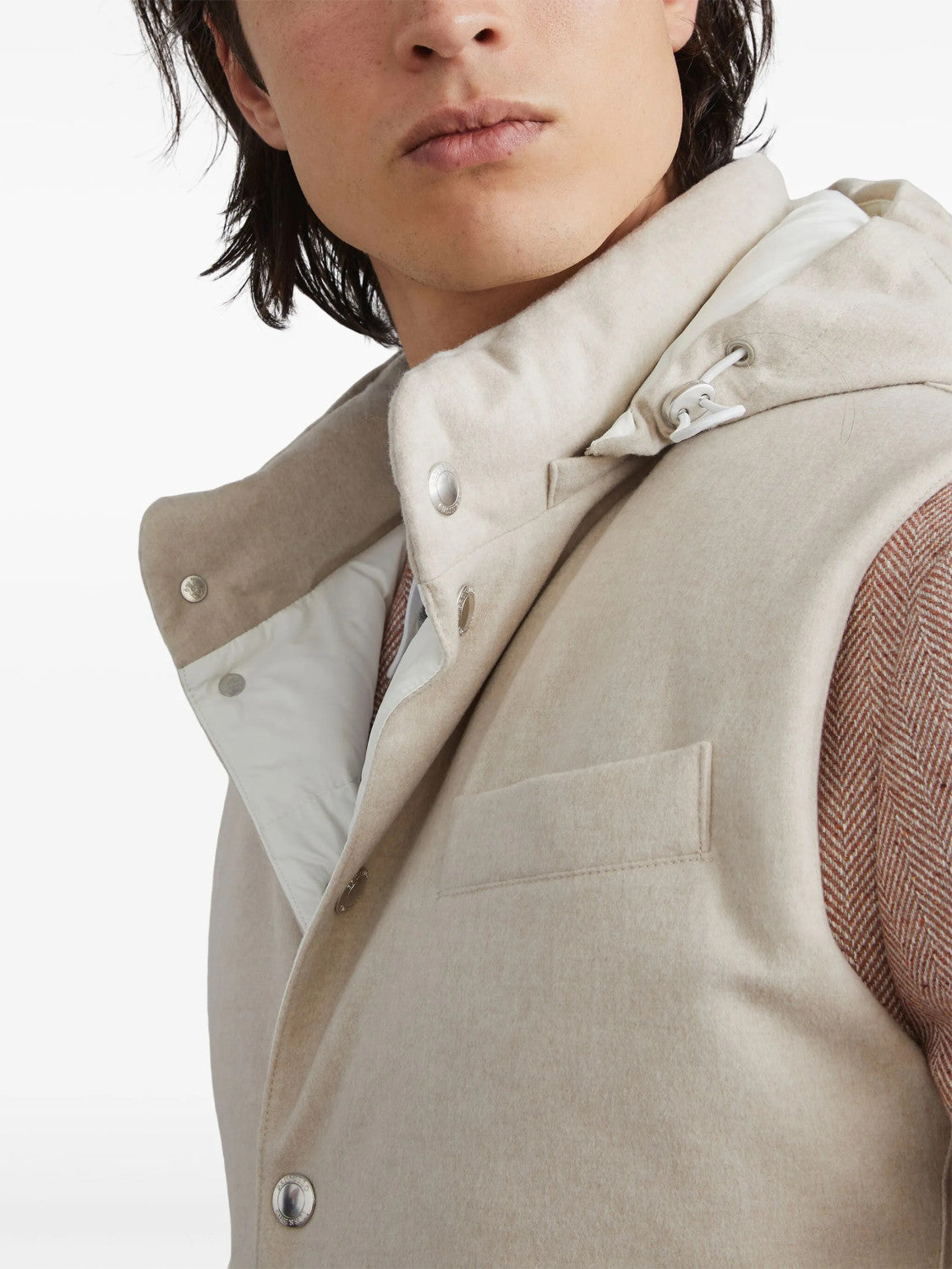 Brunello Cucinelli Men's Spring/Autumn Detachable Hooded Solid Color Single-Breasted Bonded Wool Flannel Down Vest Ngvp #2293