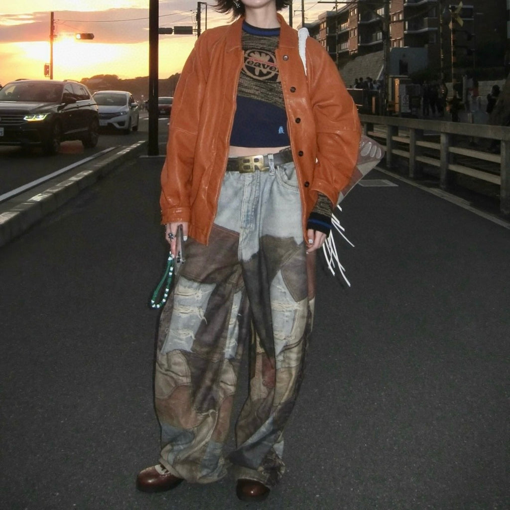 Acne Studios Men's Four Seasons Vintage Mud Dye Spliced Printed Loose Cotton Mid Waist Wide Leg Denim Pants Ngvp #8369