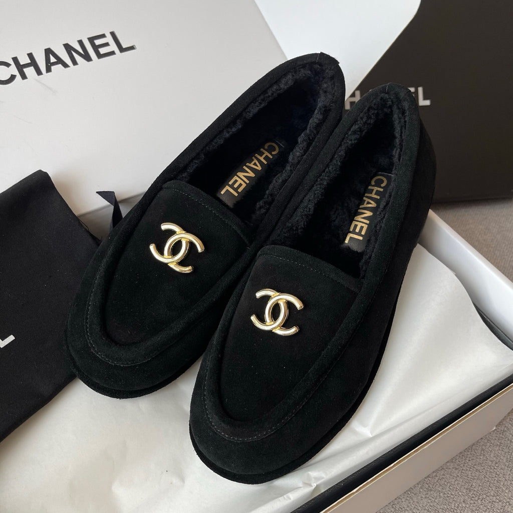 Chanel Women's Fall/Winter Logo Suede Solid-Color Round-Toe Low-Top Loafers Casual Flats Shoes #81589