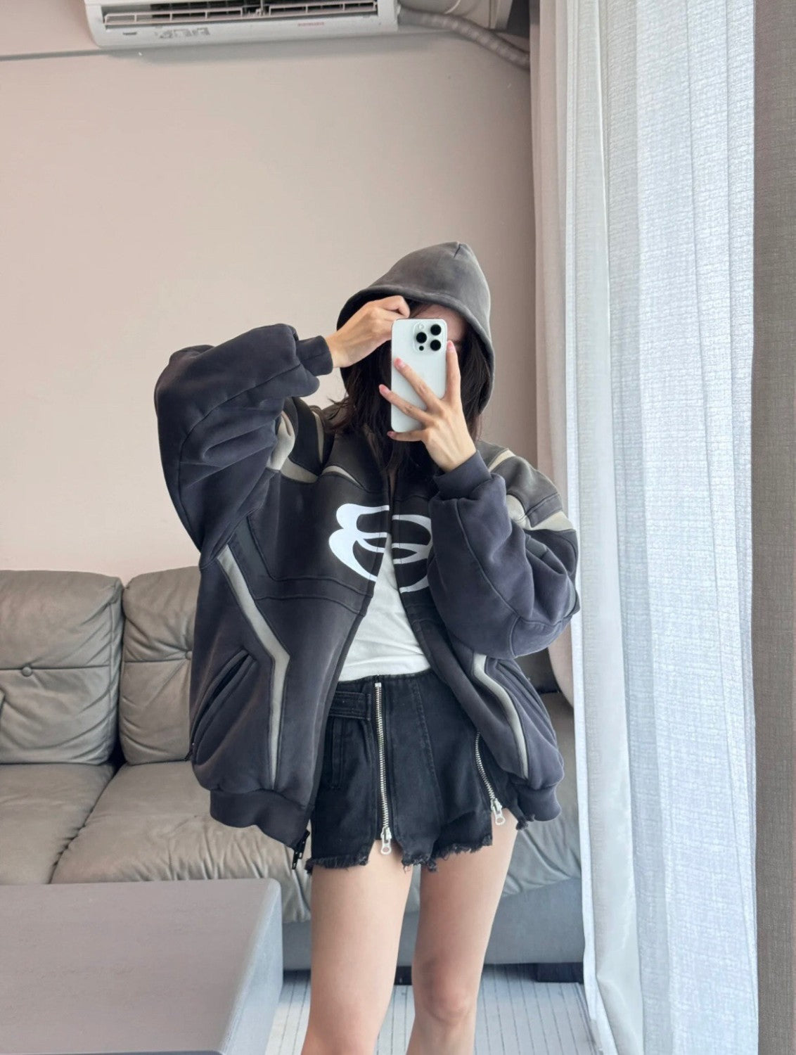 Balenciaga Men's Women's Spring And Autumn Unity Sports Icon Biker Black Zipper Loose Long Sleeve Hooded Sweatshirt Jacket Ngvp #9312