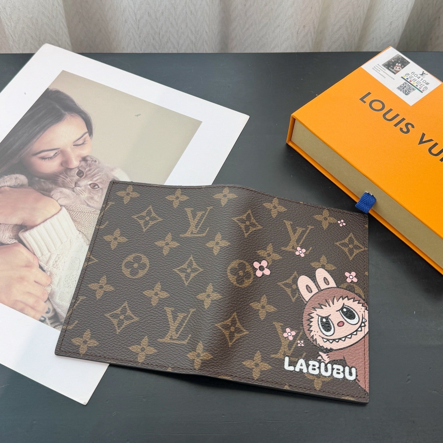 Louis Vuitton Labubu Pattern Printed Flip-Top Brown Leather Wallet Passport Holder with Letter Print Bag Bags #77788