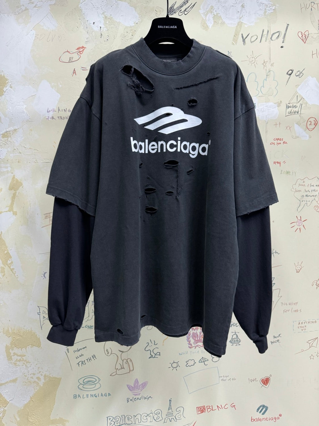 Balenciaga Men's Spring Summer 3B Sport Icon Black and Washed Black Destroyed Vintage Plain Knit Medium Fit Layered T-Shirt #75966