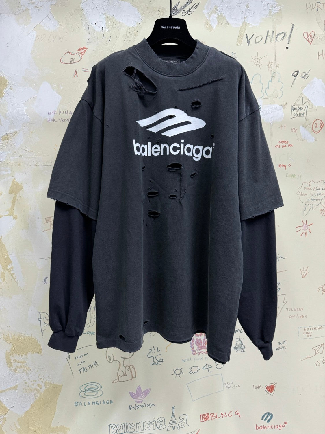 Balenciaga Men's Spring Summer 3B Sport Icon Black and Washed Black Destroyed Vintage Plain Knit Medium Fit Layered T-Shirt #75966