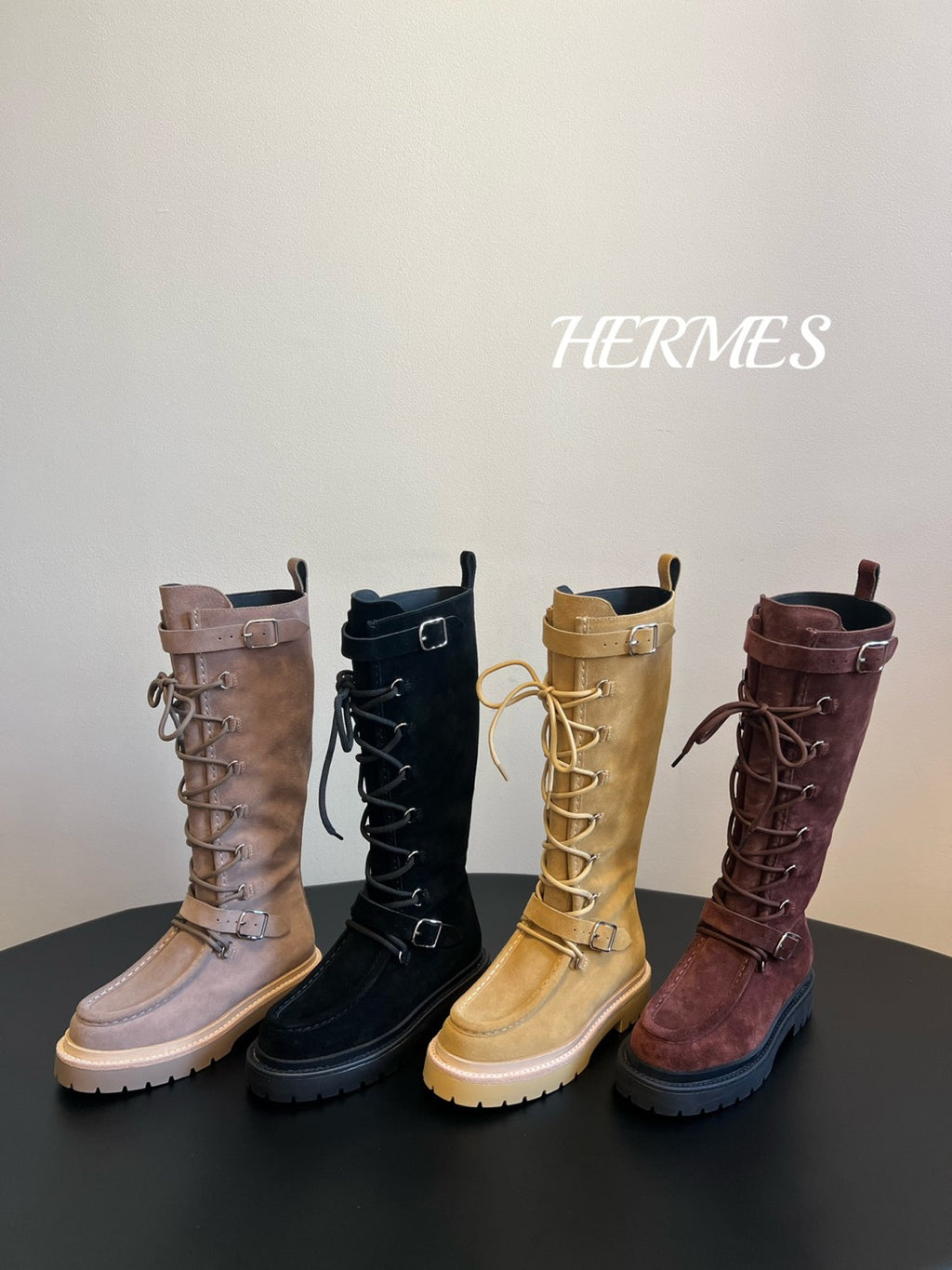 Hermes Women's Fall/Winter Cowhide Suede Lace-Up Knee-High Boots Solid-Color Buckle Casual Shoes Riding Boots Ngvp #2327