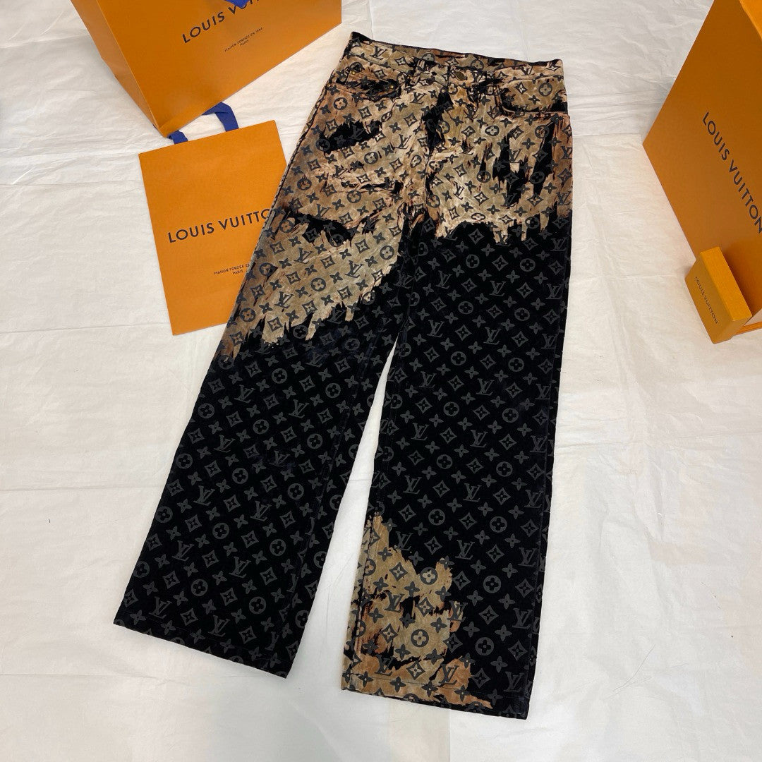 Louis Vuitton Men's Autumn and Winter Pattern Printed Lapel Single Breasted Denim Jacket Jeans Pants Set Suit #97775