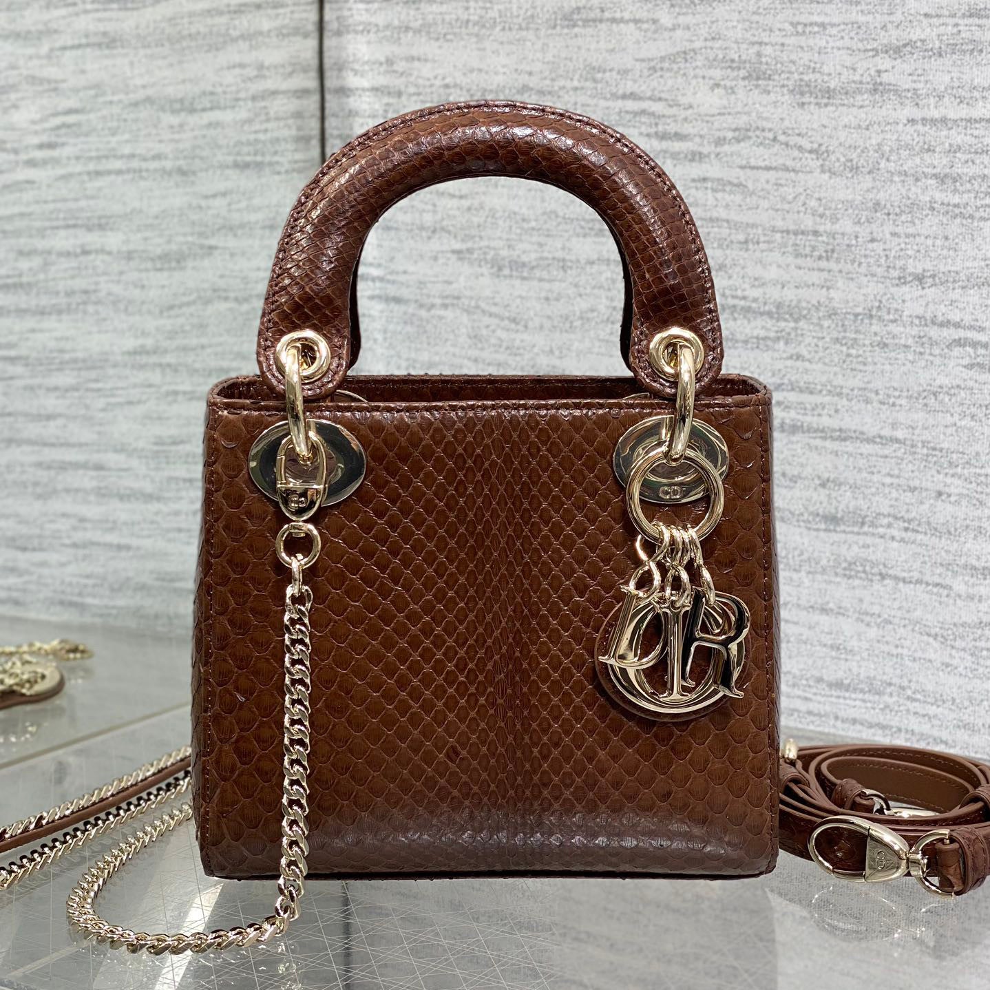 Dior Lady Women's Solid Color Metal Pendant Detachable Chain Shoulder Strap Snake Skin Single Shoulder Crossbody Handbag Bag Bags #77722