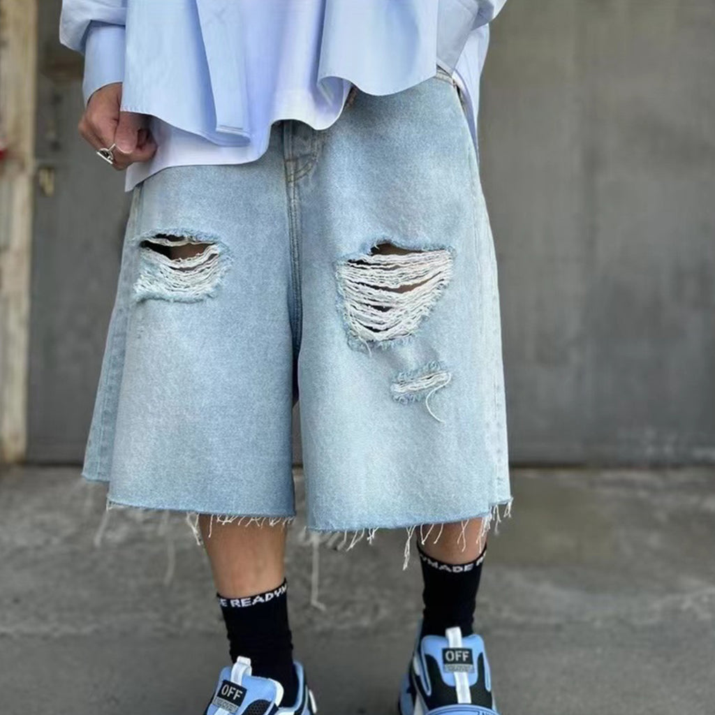 Vetements Men's And Women's Spring/summer Cotton Washed Distressed Denim Shorts With Zipper Loose Wide Leg Jeans Pants Ngvp #8521