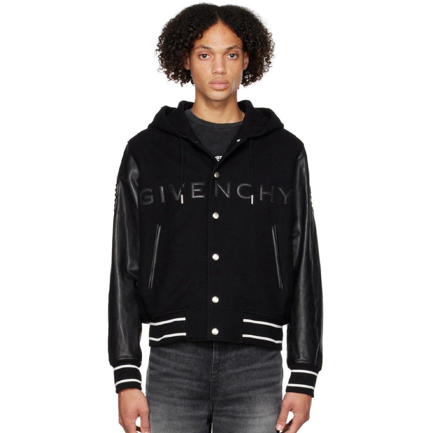 Givenchy Men's Fall/Winter Black Logo Printed Single Breasted Hooded Aviator Jacket #72996