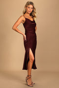 Slinking Out Loud Burgundy Satin Side Button Slip Dress