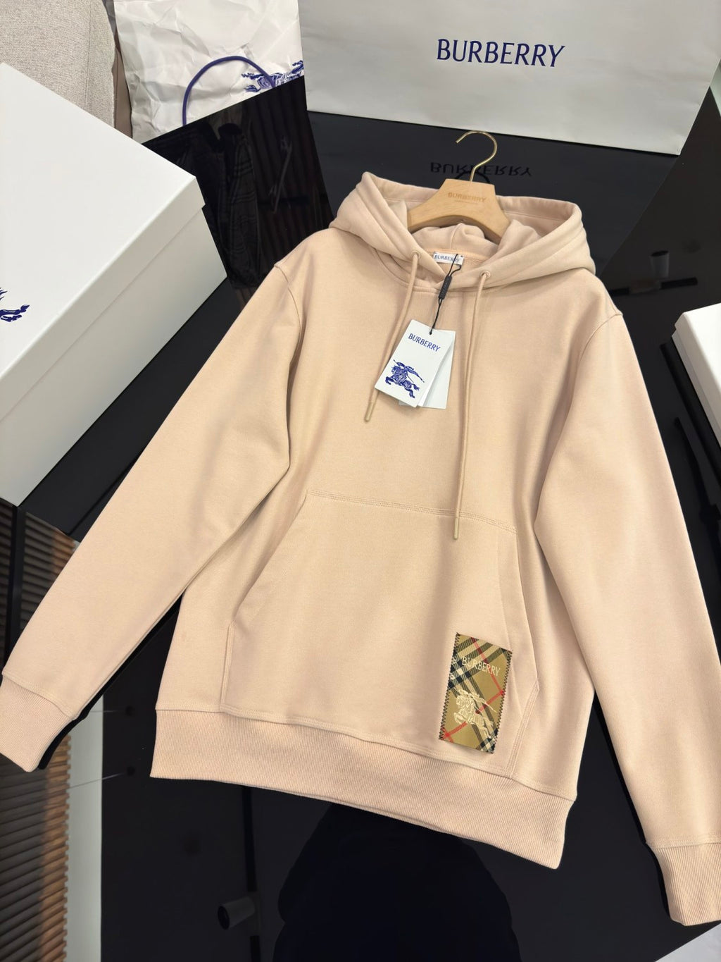 Burberry Men's Spring and Autumn Solid Color Plaid Pocket Loose Hooded Long Sleeve Sweatshirt #74743
