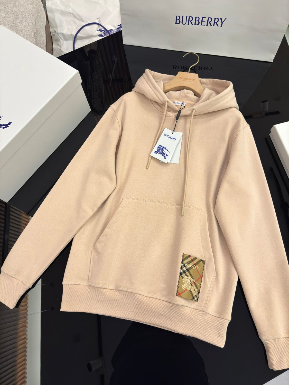 Burberry Men's Spring and Autumn Solid Color Plaid Pocket Loose Hooded Long Sleeve Sweatshirt #74743