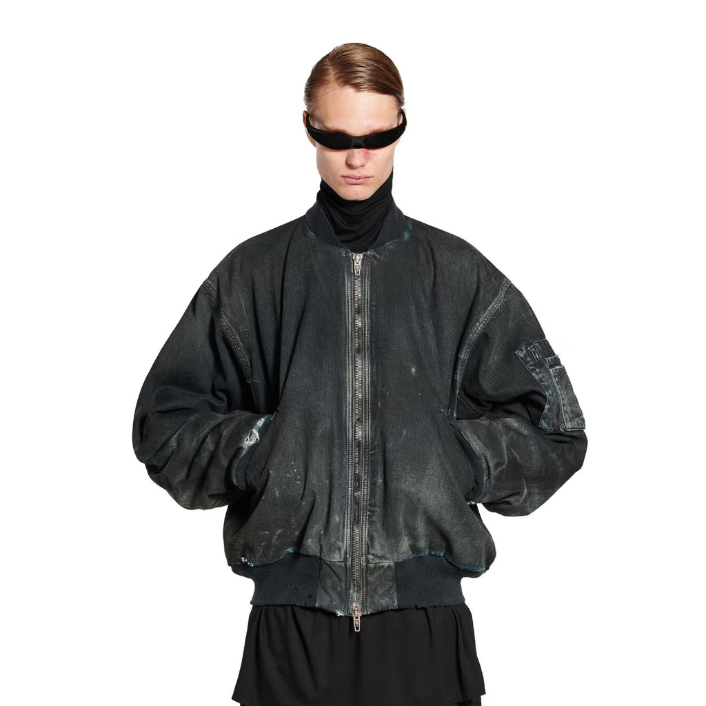 Balenciaga Men's Women's Spring And Autumn Washed And Old Loose Cotton Hole Breaking Long Sleeve Blue Bomber Jacket Ngvp #9848