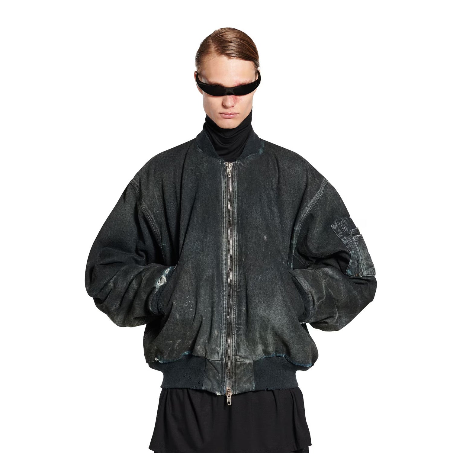 Balenciaga Men's Women's Spring And Autumn Washed And Old Loose Cotton Hole Breaking Long Sleeve Blue Bomber Jacket Ngvp #9848