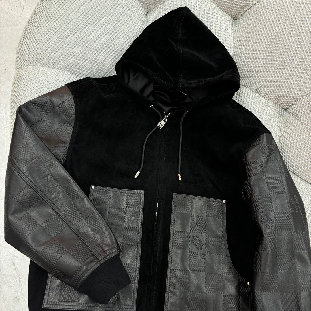 Louis Vuitton Men's Fall And Winter Black Suede Patchwork Hooded Drawstring Zipper Long Sleeve Jacket #73125