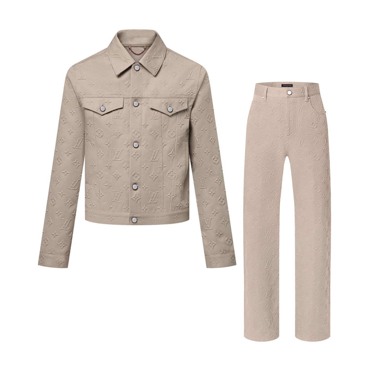 Louis Vuitton Men's Summer Solid Color Embossed Letters Printed Single Breasted Long Sleeved Denim Jacket Casual Jeans Pants Suit Set #75948