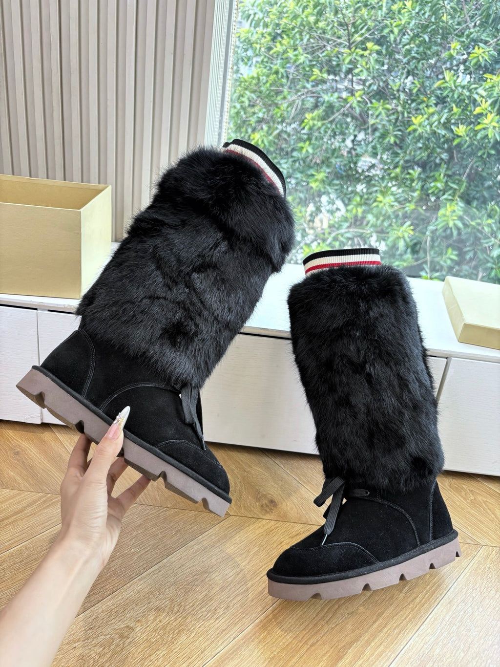 Brunello Cucinelli Women's Fall/Winter Suede Cowhide Rabbit Fur Round-Toe Zipper Lined Lamb Wool High-Top Boots Casual Solid-Color Snow Boots Shoes #81588