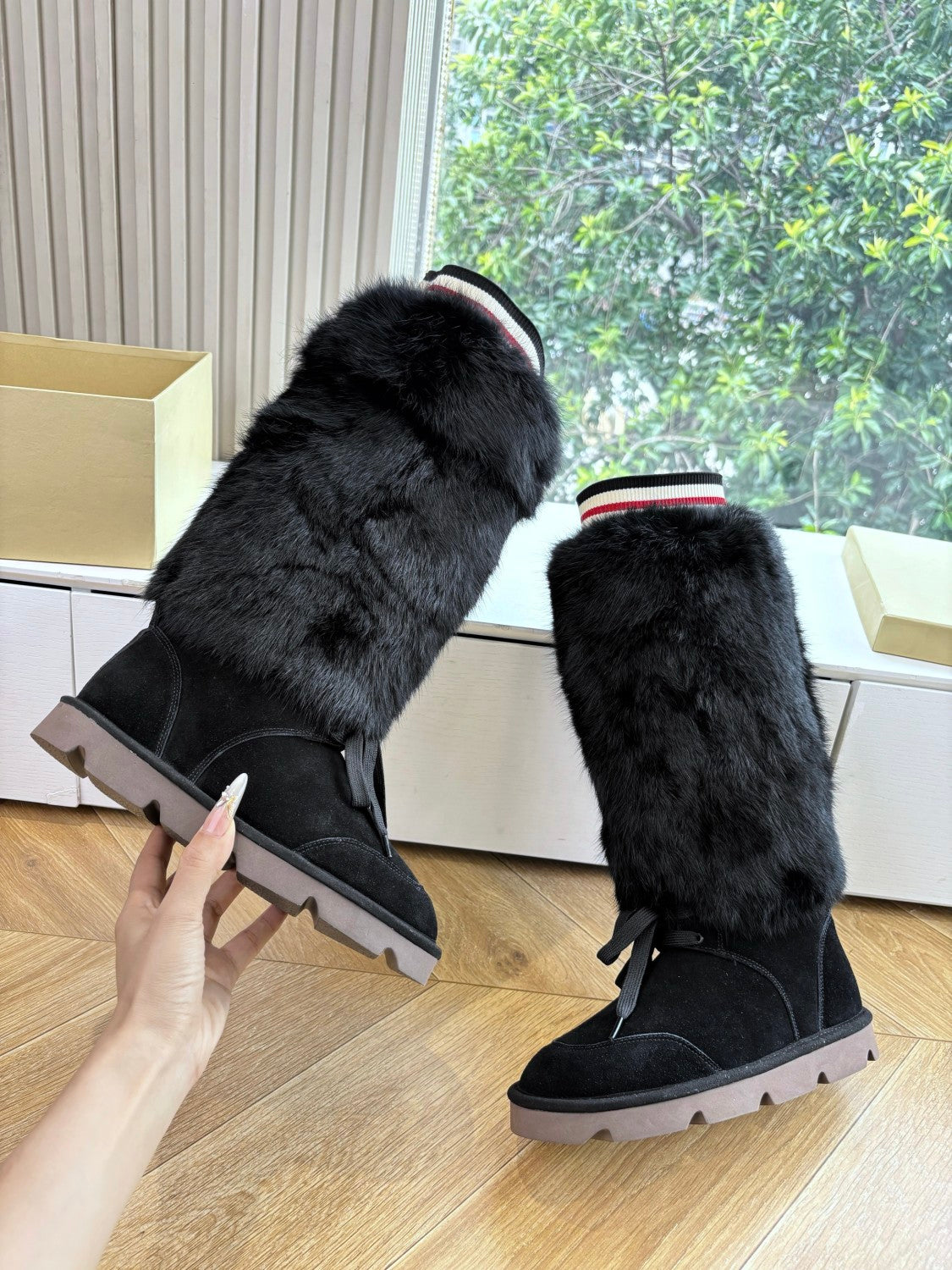 Brunello Cucinelli Women's Fall/Winter Suede Cowhide Rabbit Fur Round-Toe Zipper Lined Lamb Wool High-Top Boots Casual Solid-Color Snow Boots Shoes #81588