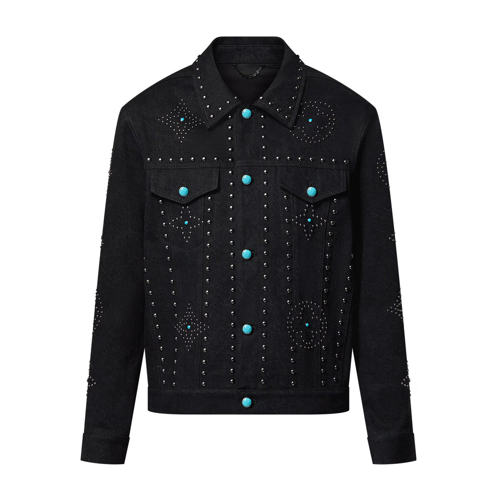 Louis Vuitton Men's Fall/Winter Black Logo Pattern Embroidery Lapel Long Sleeve Denim Jacket #73291