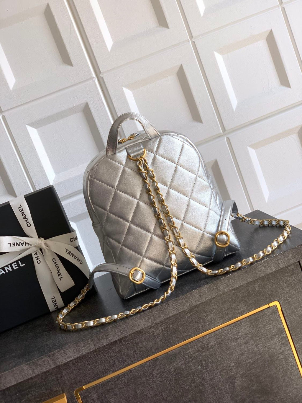 Chanel Women's Fashion Classic Solid Color Double Zip Leather Logo Backpack With Chain Straps Bag Bags AS5793-B22082-94305 #79454