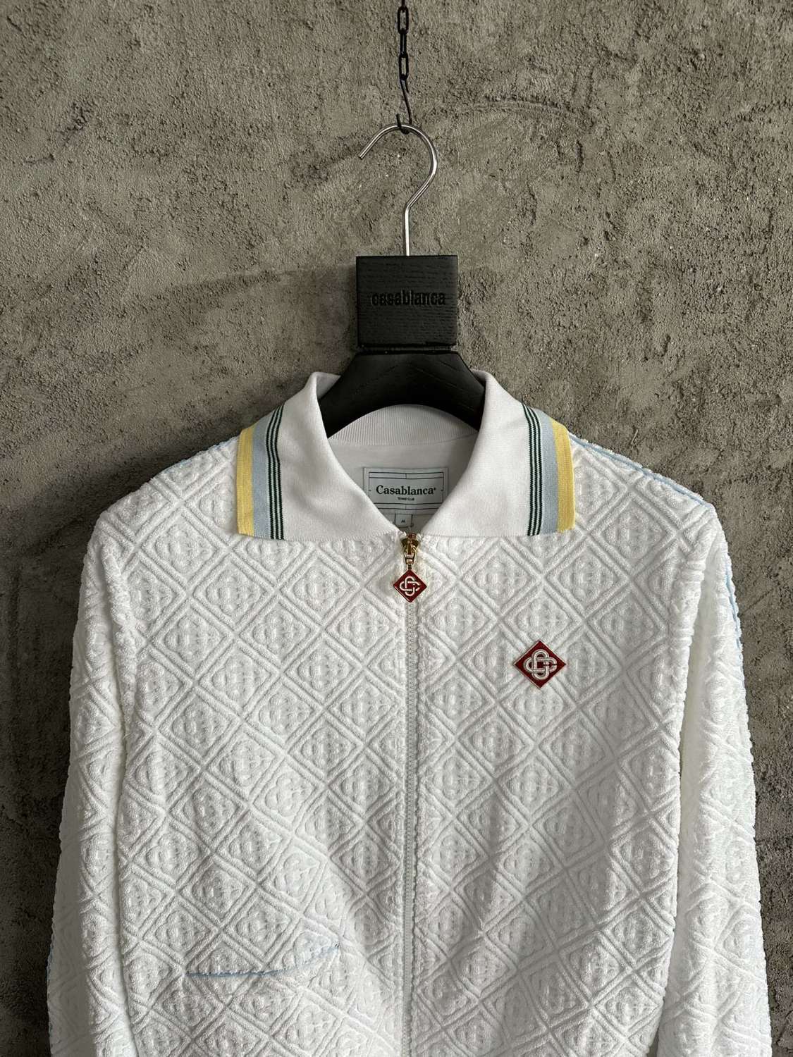 Casablanca Men's Spring & Autumn White Striped Trim Cozy Knit Zipper Lapel Long Sleeve Jacket #73815