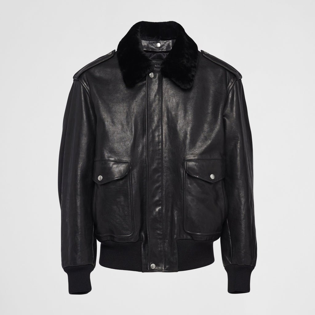 Prada Men's Autumn Winter Black Hair Collar Zip Leather Long Sleeve Jacket #99477