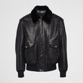 Prada Men's Autumn Winter Black Hair Collar Zip Leather Long Sleeve Jacket #99477