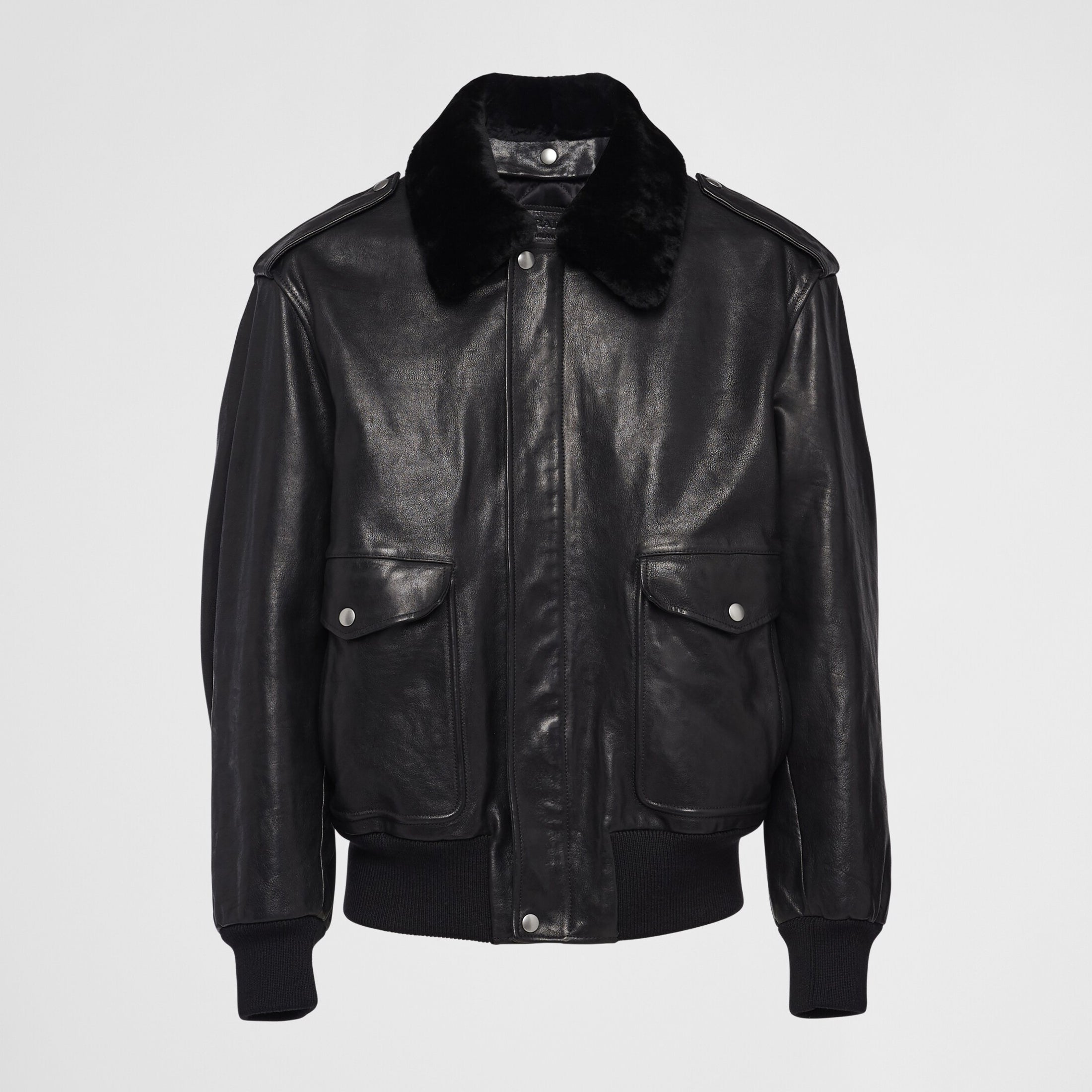 Prada Men's Autumn Winter Black Hair Collar Zip Leather Long Sleeve Jacket #99477
