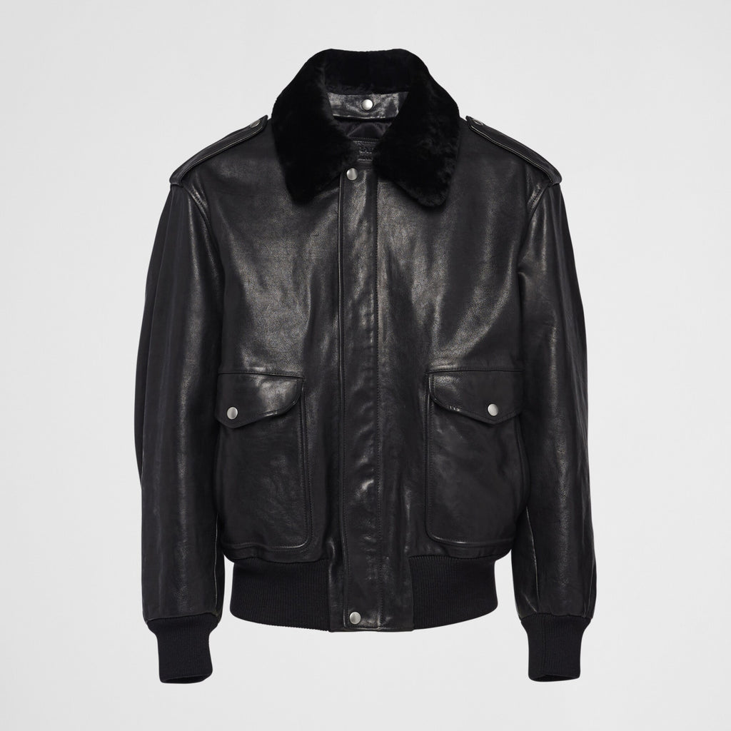 Prada Men's Autumn Winter Black Hair Collar Zip Leather Long Sleeve Jacket #99477
