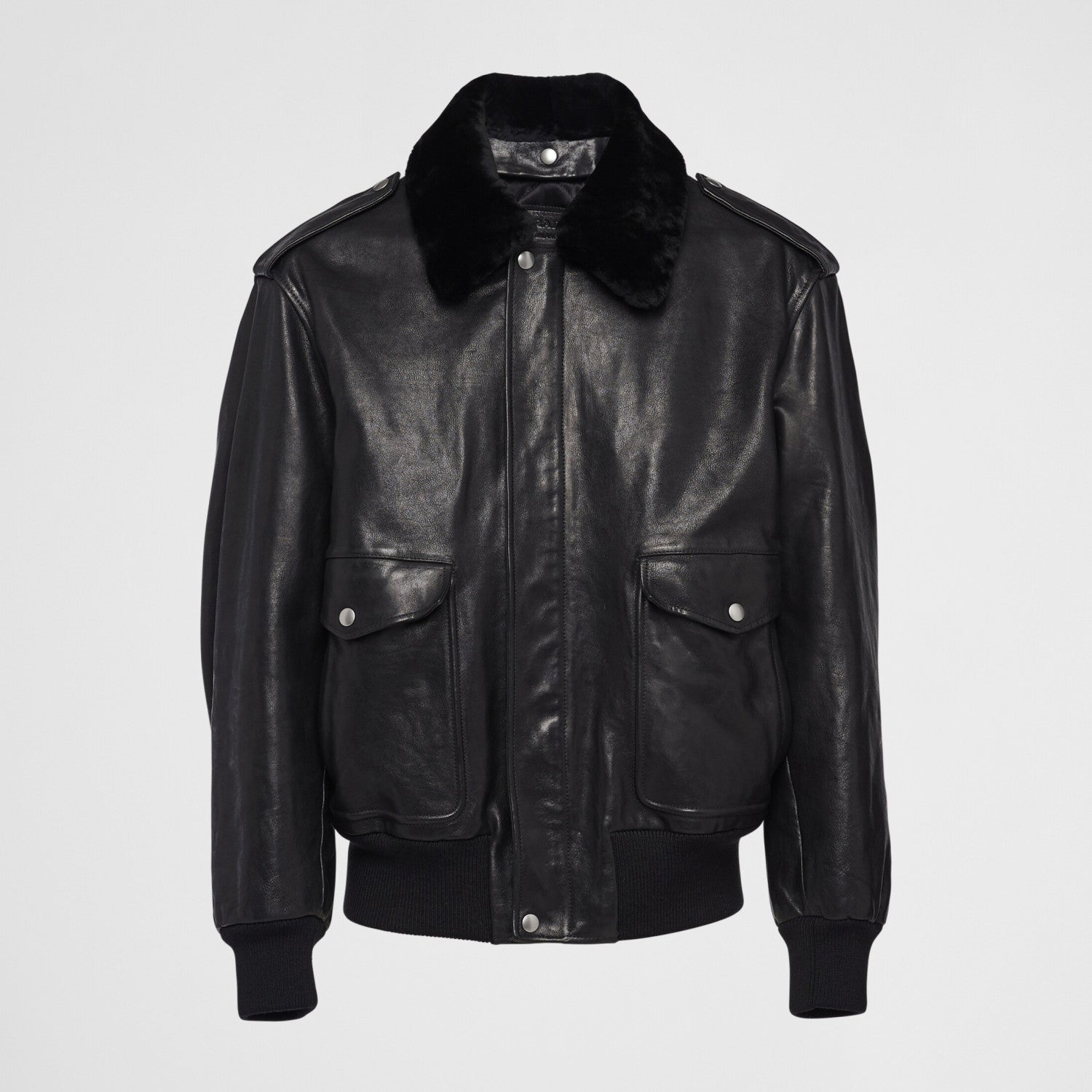 Prada Men's Autumn Winter Black Hair Collar Zip Leather Long Sleeve Jacket #99477