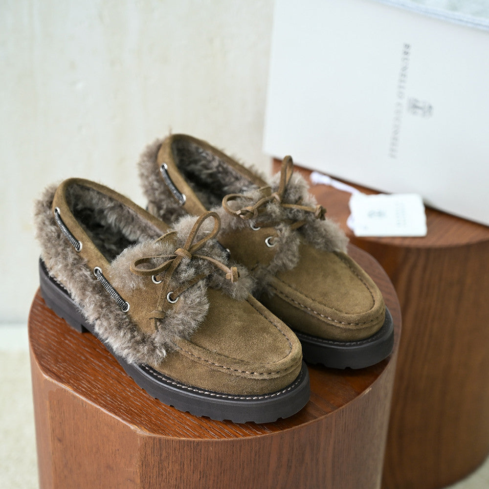 Brunello Cucinelli Bead Embellished Shearling Trimmed Suede Loafers #333658