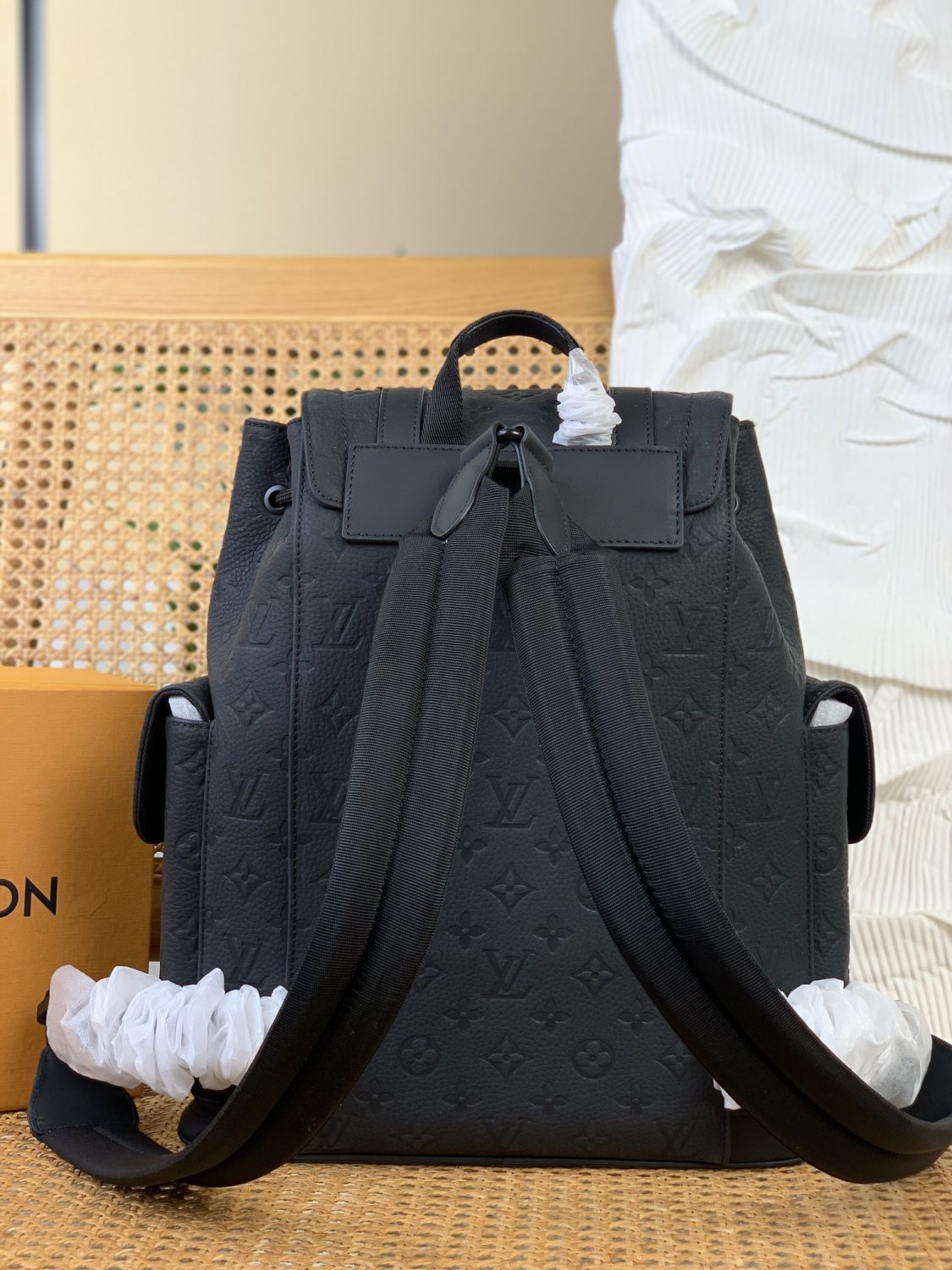 Louis Vuitton CHRISTOPHER Men's Black Dark Logo Printed Drawstring Flap Closure Cowhide Leather Backpack Shoulder Bag Bags #75563