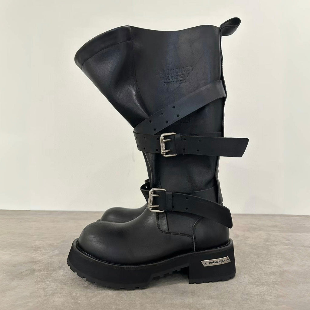 Balenciaga Venom Men's And Women's Solid Color Autumn/winter Round Toe Buckle Cowhide Leather High Top Boots Shoes #78113
