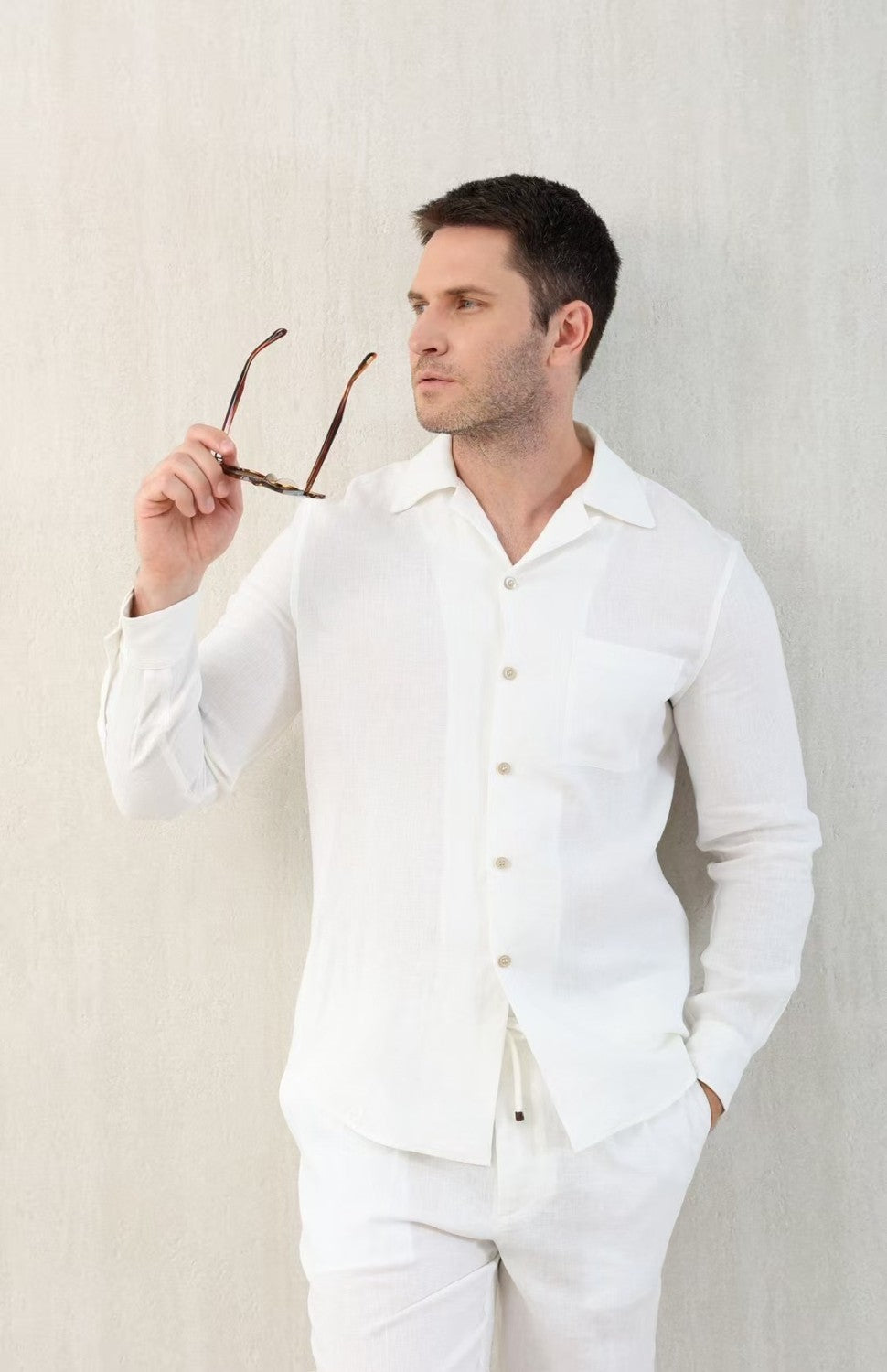 Brunello Cucinelli Men's Linen Easy Fit Shirt with Camp Collar and Chest Pocket Spring And Autumn Solid Color Long Sleeve Top Ngvp #1455