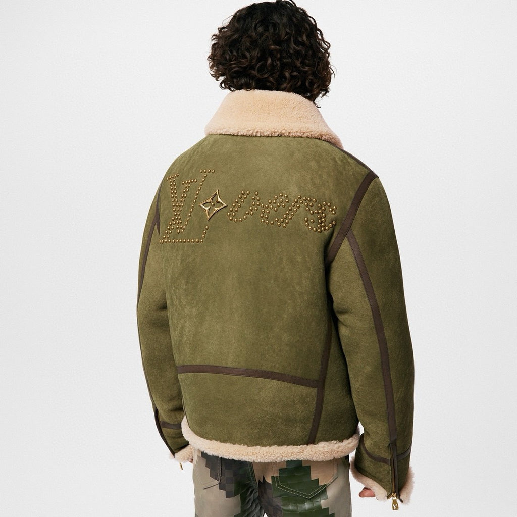 Louis Vuitton Men's Autumn and Winter Green Sheep Leather Patchwork Fur Collar Zipper Casual Long Sleeve Jacket #73367