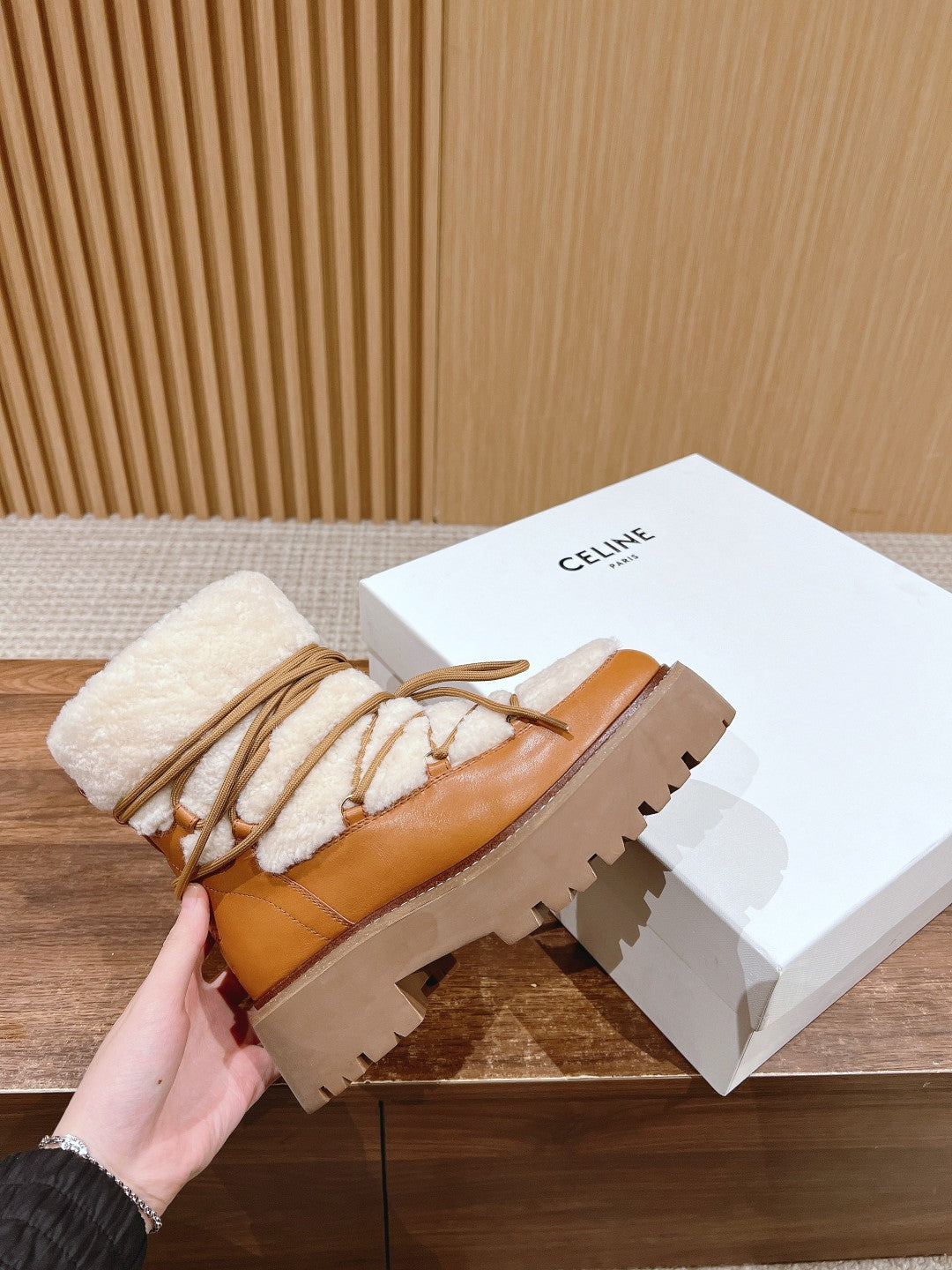 Celine Bulky Lace Up Boot in Shearling and Calfskin #292286