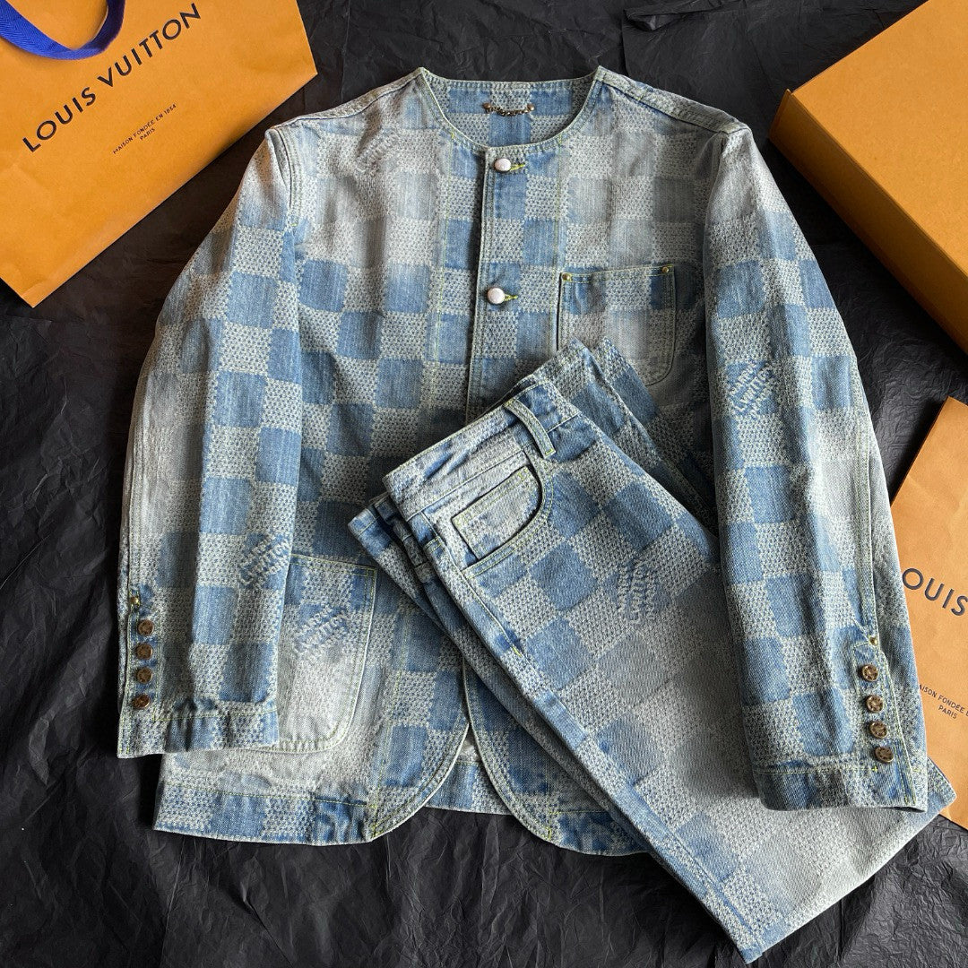 Louis Vuitton Men's Spring And Fall Fashion Plaid Denim Suit Gradient Wash Vintage Round Neck Jacket Casual Flared Pants Set #99297