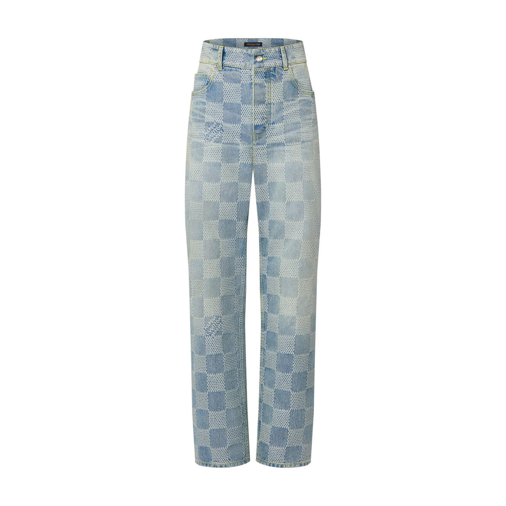 Louis Vuitton Men's Spring And Fall Checkerboard Print Single Breasted Long Sleeved Denim Jacket Button Jeans Pants Suit Set #75884