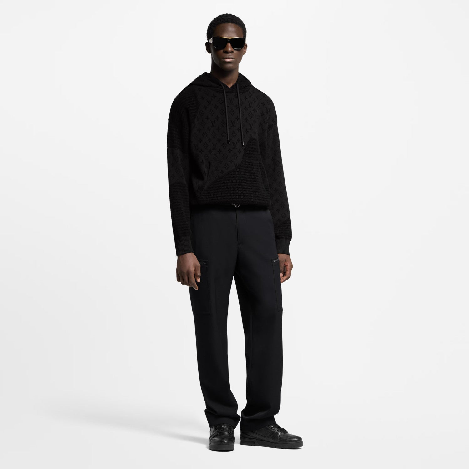 Louis Vuitton Men's Spring and Autumn Black Knitted Jacquard Patchwork Pullover Hoodie Monogram Velvet Stripe Long Sleeve Hooded Sweatshirt  #76342