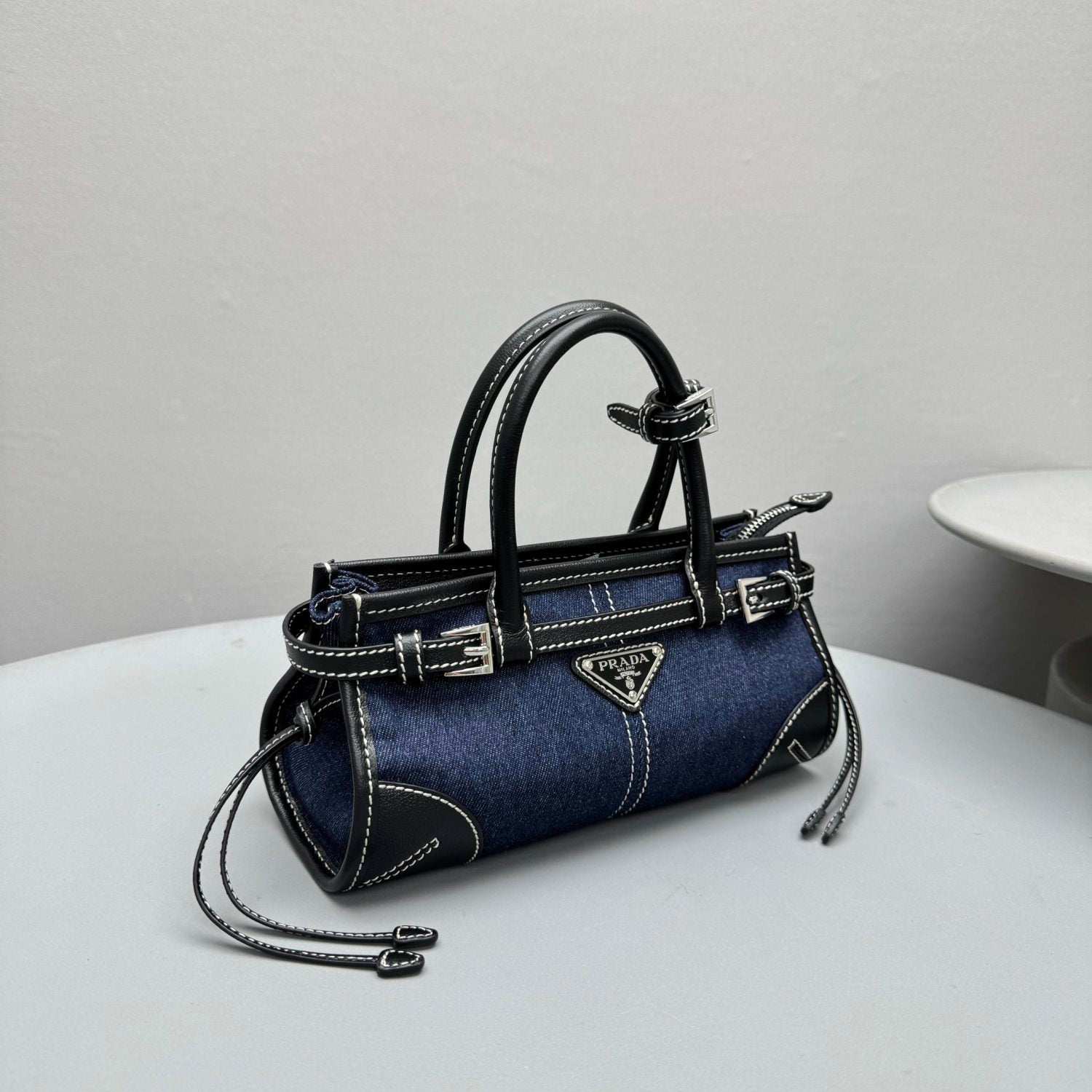 PRADA Women's Bonnie French Triangle Metal Logo Classic Versatile Mixed Materials Handbag Mini Women's Blue And Brown #332335