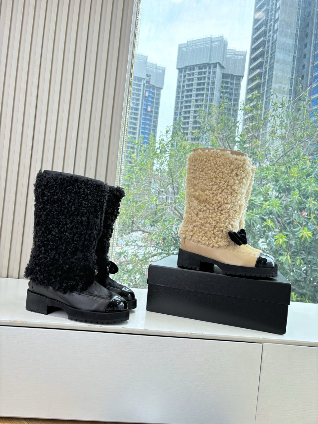 Chanel High Boots Shearling Lambskin Calfskin Lambskin Patent Calfskin Beige Black #334245